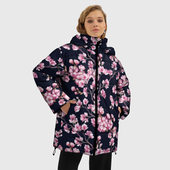 Куртка с принтом Сакура для женщины, вид на модели спереди №2. Цвет основы: черный