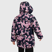 Куртка с принтом Сакура для женщины, вид на модели сзади №2. Цвет основы: черный