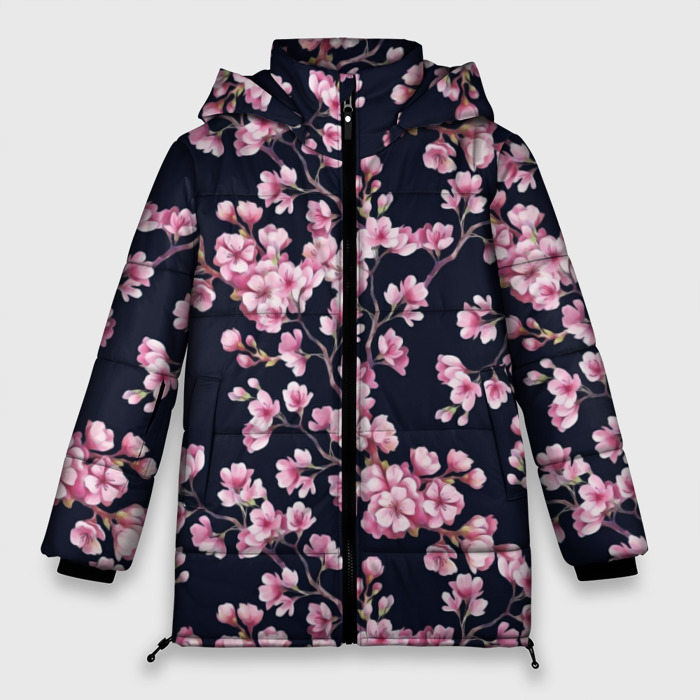 Женская зимняя куртка Oversize с принтом Сакура, вид спереди №1