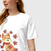 Футболка с принтом Осенний милый котик и листопад для женщины, вид на модели спереди №2. Цвет основы: белый