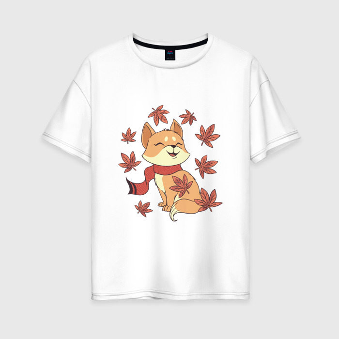 Женская футболка из хлопка оверсайз с принтом Осенний милый котик и листопад, вид спереди №1