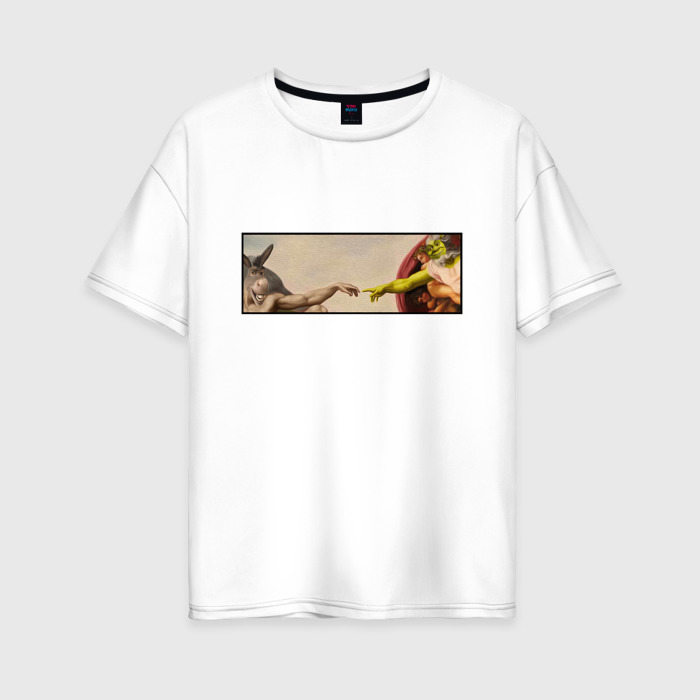 Женская футболка из хлопка оверсайз с принтом Шрек — Сотворение ослика, вид спереди №1