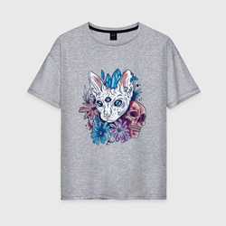 Мистический кот с черепом – Женская футболка хлопок Oversize с принтом купить со скидкой в -16%