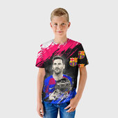 Футболка с принтом Лионель Месси Барселона для ребенка, вид на модели спереди №2. Цвет основы: белый