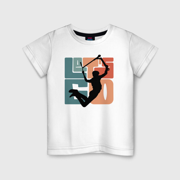 Детская футболка из хлопка с принтом Трюковый самокат Let's Go, вид спереди №1