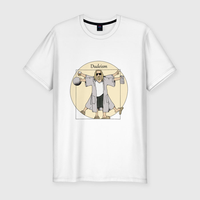 Мужская приталенная футболка из хлопка с принтом Dudeism Большой Лебовский, вид спереди №1