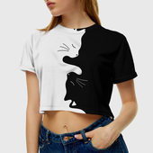 Топик (короткая футболка или блузка, не доходящая до середины живота) с принтом Коты инь-янь для женщины, вид на модели спереди №3. Цвет основы: белый