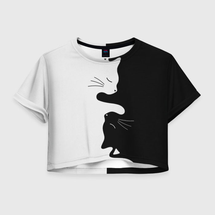 Женская футболка Crop-top с принтом Коты инь-янь, вид спереди №1