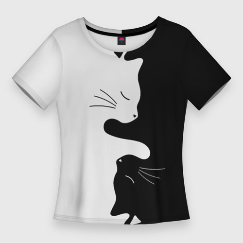 Женская приталенная футболка с принтом Коты инь-янь, вид спереди №1