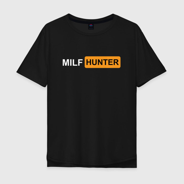 Мужская футболка из хлопка оверсайз с принтом MILF hunter МИЛФ охотник, вид спереди №1