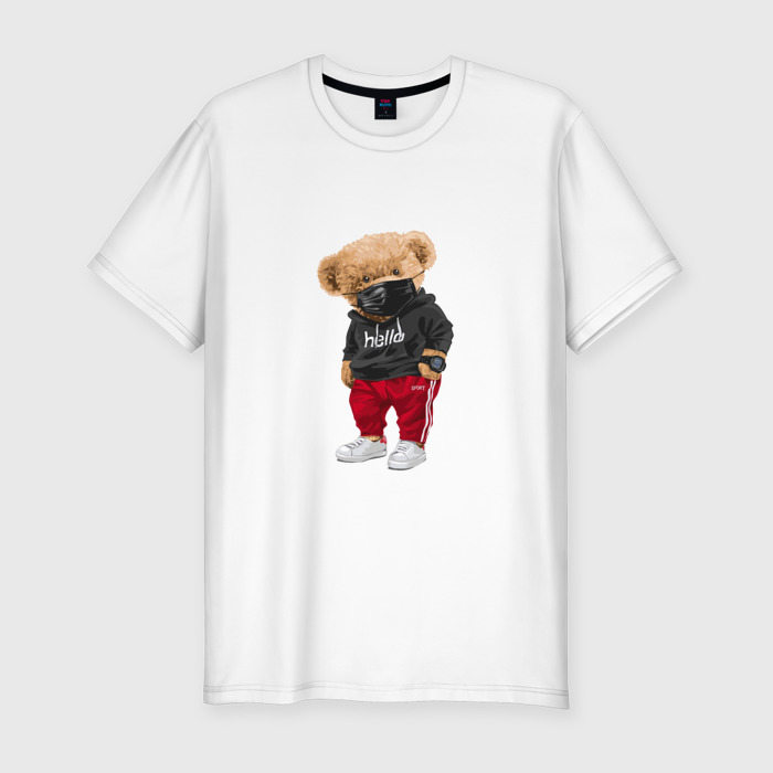 Мужская приталенная футболка из хлопка с принтом Крутой медвежонок в спортивках, вид спереди №1