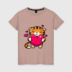 Милый тигренок с сердечком – Женская футболка хлопок с принтом купить со скидкой в -20%