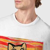 Футболка с принтом Орущий кот пародия на Крик Мунка для мужчины, вид на модели спереди №4. Цвет основы: белый