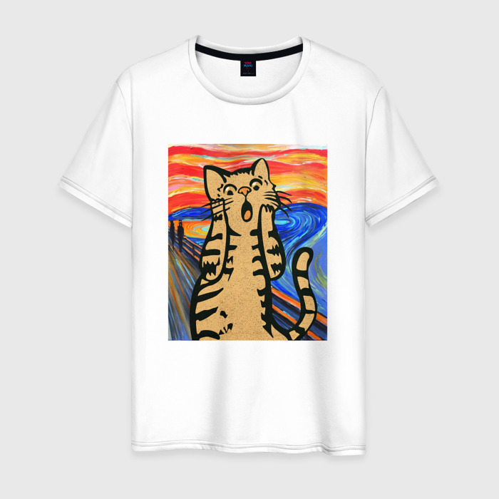 Мужская футболка из хлопка с принтом Орущий кот пародия на Крик Мунка, вид спереди №1
