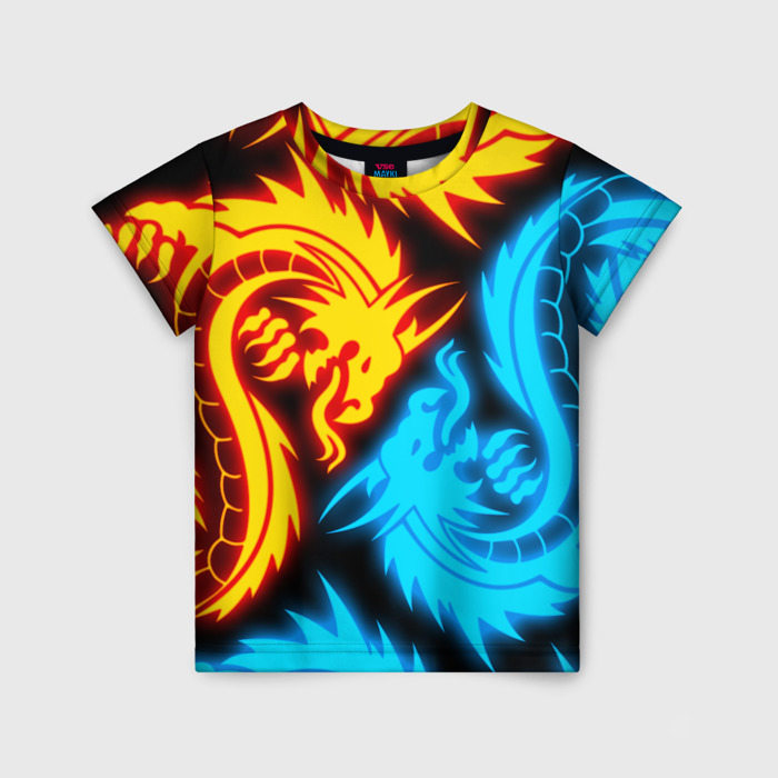 Детская футболка с принтом Неоновые драконы neon dragons, вид спереди №1