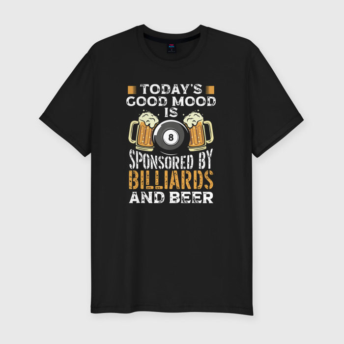 Мужская приталенная футболка из хлопка с принтом Сегодняшнее хорошее настроение спонсируется бильярдом и пивом, вид спереди №1