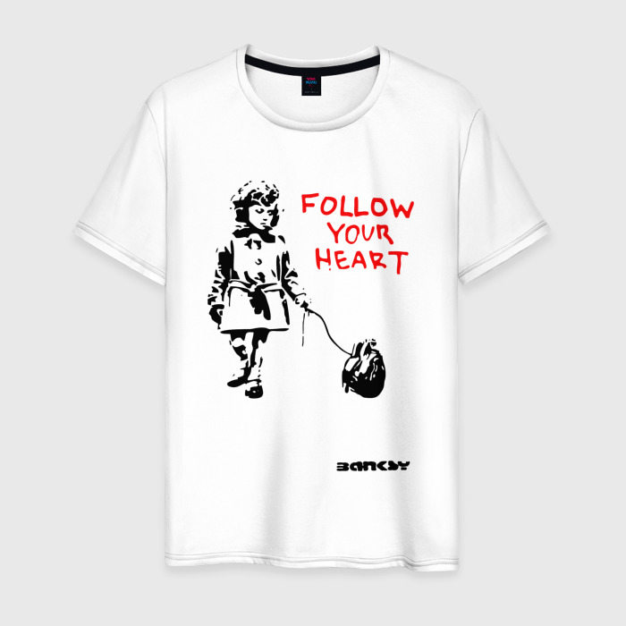 Мужская футболка из хлопка с принтом Banksy Бэнкси следуйте за своим сердцем, вид спереди №1