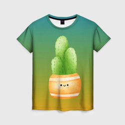 Кактус в горшке  с  рожицей  – Женская футболка 3D с принтом купить со скидкой в -23%