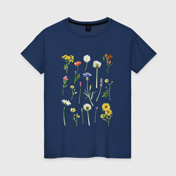 Женская футболка из хлопка с принтом Акварельная иллюстрация полевых цветов, вид спереди №1