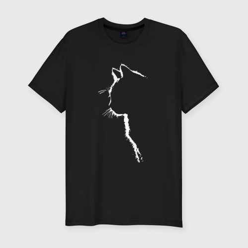 Мужская приталенная футболка из хлопка с принтом Силуэт чёрного кота, вид спереди №1