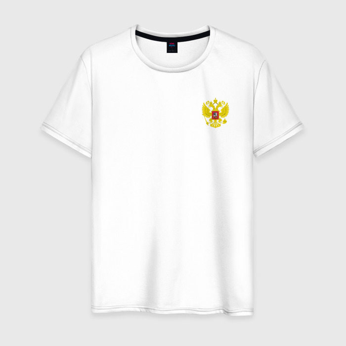 Мужская футболка из хлопка с принтом Герб России Карман + спина, вид спереди №1