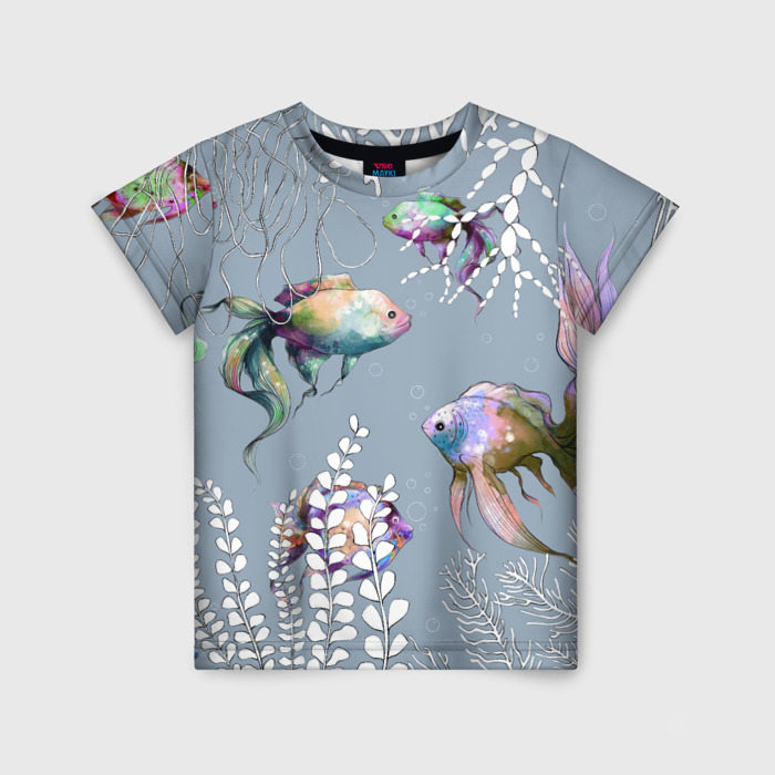 Детская футболка с принтом Разноцветные акварельные рыбки и белые водоросли, вид спереди №1