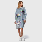Женское платье-свитшот с принтом Разноцветные акварельные рыбки и белые водоросли для любого человека, вид спереди №3. Цвет основы: белый