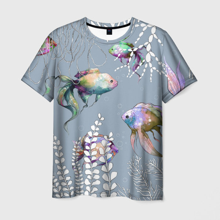 Мужская футболка с принтом Разноцветные акварельные рыбки и белые водоросли, вид спереди №1