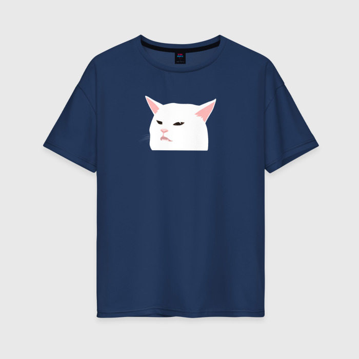 Женская футболка из хлопка оверсайз с принтом Белый кот из мема, вид спереди №1