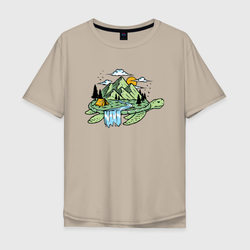 Горы, река, палатка на панцире черепахи /  Mountains, river, tent on turtle shell – Мужская футболка хлопок Oversize с принтом купить со скидкой в -16%