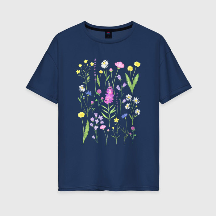 Женская футболка из хлопка оверсайз с принтом Полевые цветы растения акварелью Ботаника, вид спереди №1
