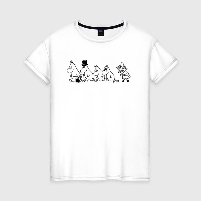 Женская футболка из хлопка с принтом Семья Муми-троллей, вид спереди №1