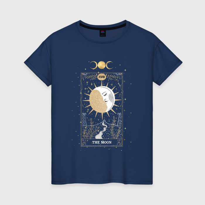 Женская футболка из хлопка с принтом Карта Таро луна эзотерика мистика, вид спереди №1