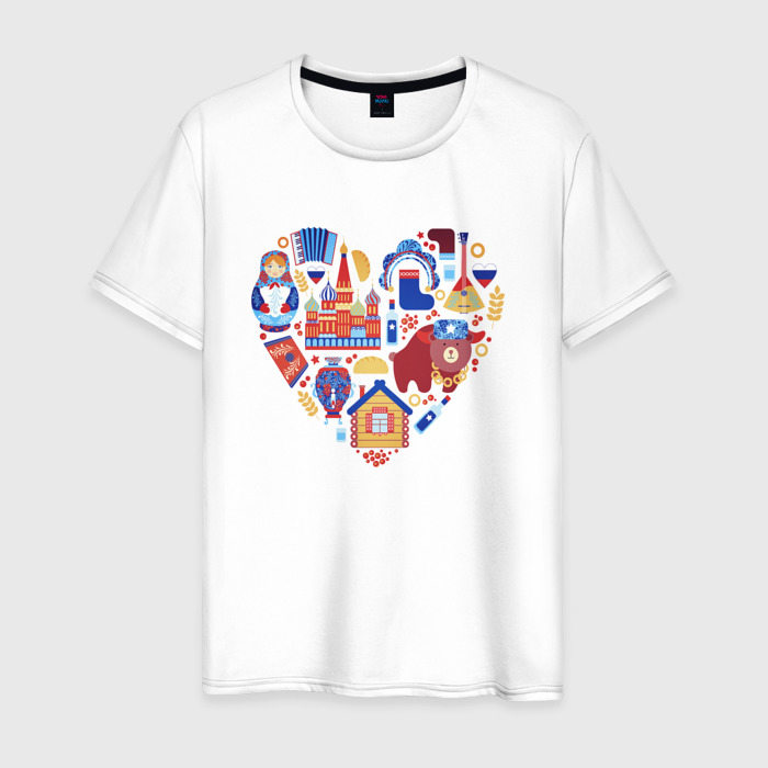 Мужская футболка из хлопка с принтом Сердце Россия, вид спереди №1