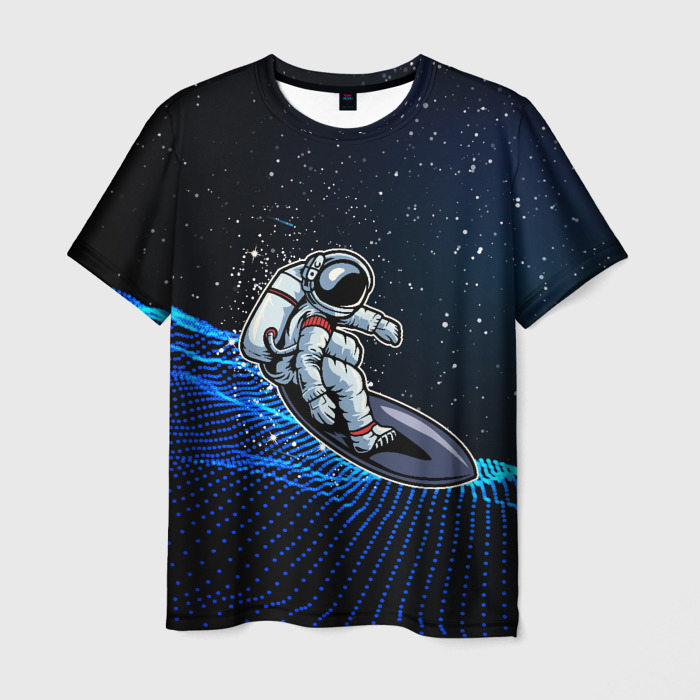 Мужская футболка с принтом Космонавт на доске — серфинг, вид спереди №1