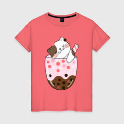 Довольный котик в  стакане с мороженым – Женская футболка хлопок с принтом купить со скидкой в -20%