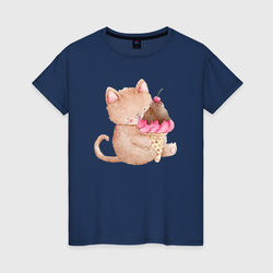 Маленькая кошечка с мороженым – Женская футболка хлопок с принтом купить со скидкой в -20%