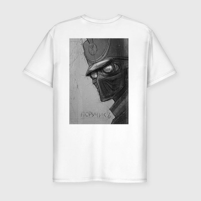 Мужская приталенная футболка из хлопка с принтом Поручик — русский супергерой 1812 год, вид сзади №1