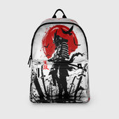 Рюкзак с принтом Ghost of Tsushima: призрак на фоне красного солнца для любого человека, вид спереди №3. Цвет основы: белый