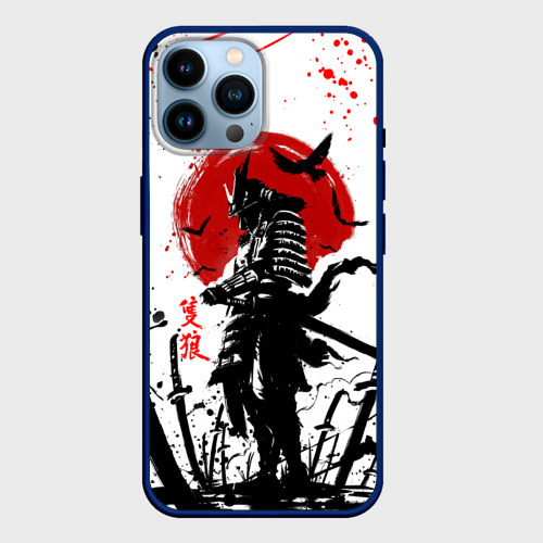 Чехол для iPhone 14 Pro Max с принтом Ghost of Tsushima: призрак на фоне красного солнца, вид спереди №1
