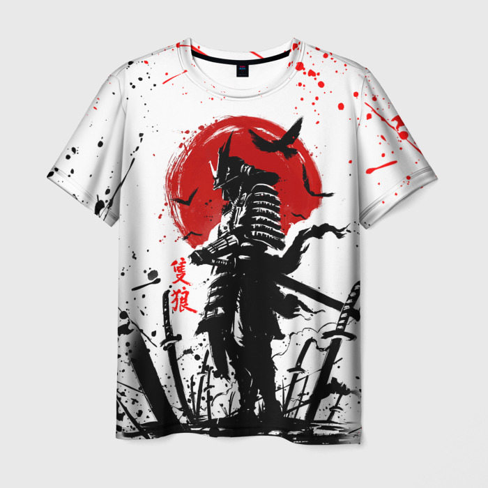 Мужская футболка с принтом Ghost of Tsushima: призрак на фоне красного солнца, вид спереди №1