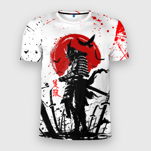 Мужская приталенная футболка с принтом Ghost of Tsushima: призрак на фоне красного солнца, вид спереди №1