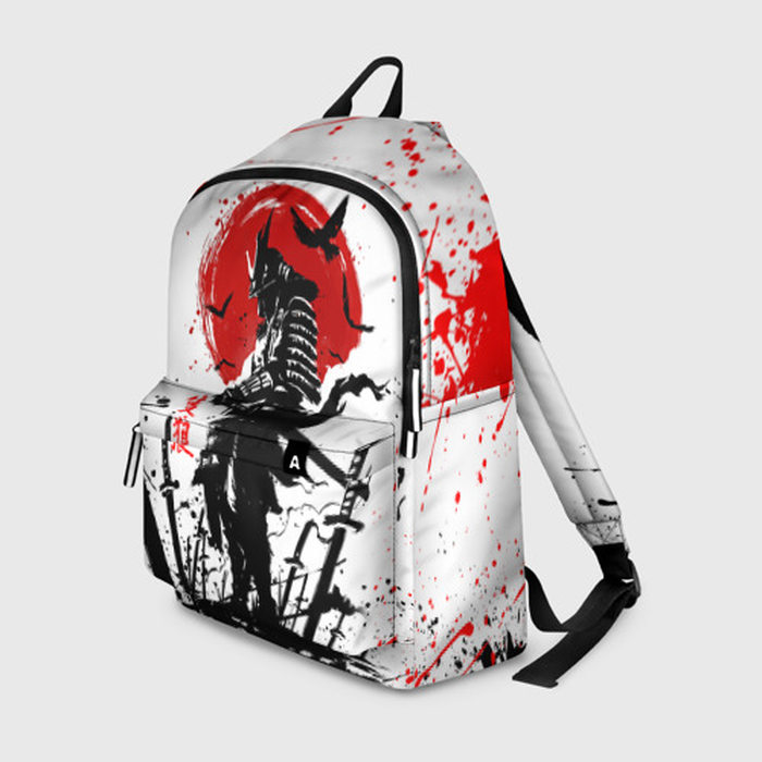 Рюкзак с принтом Ghost of Tsushima: призрак на фоне красного солнца, вид спереди №1