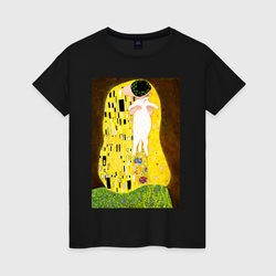 Густав Климт влюблённые поцелуй с котом  – Женская футболка хлопок с принтом купить со скидкой в -20%