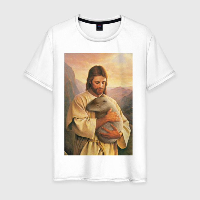 Мужская футболка из хлопка с принтом Иисус и капибара, вид спереди №1