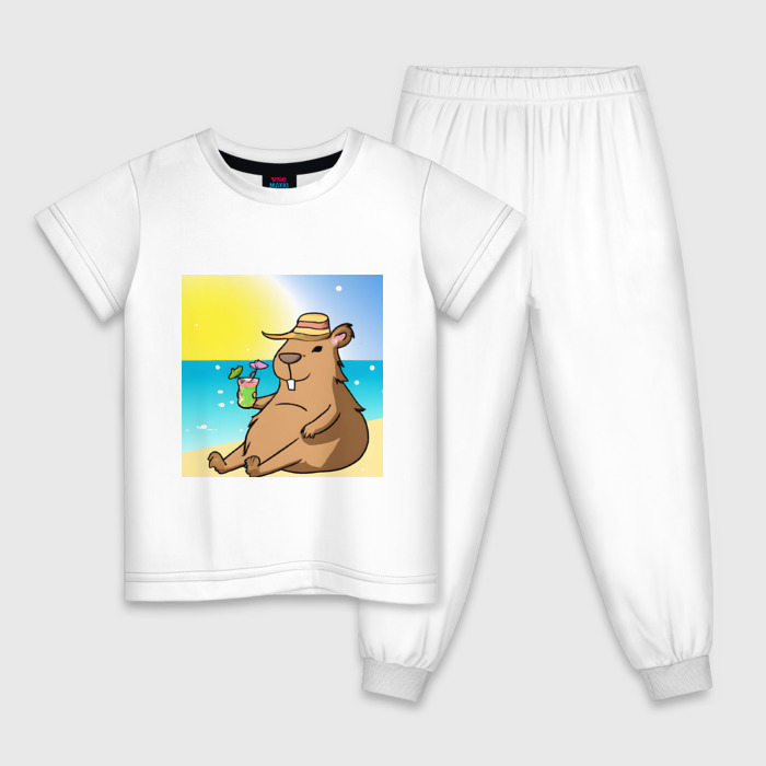 Детская пижама из хлопка с принтом Капибара на пляже, вид спереди №1