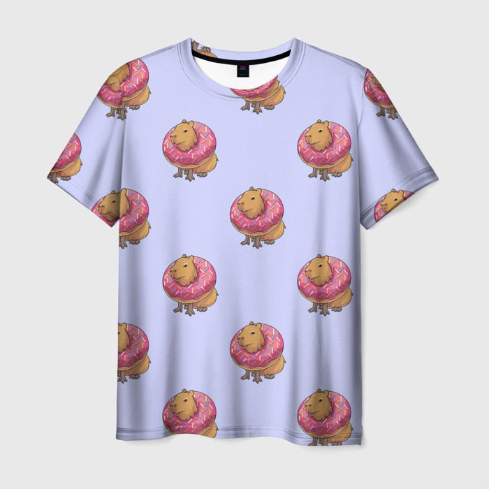 Мужская футболка с принтом Капибара в пончике паттерн, вид спереди №1