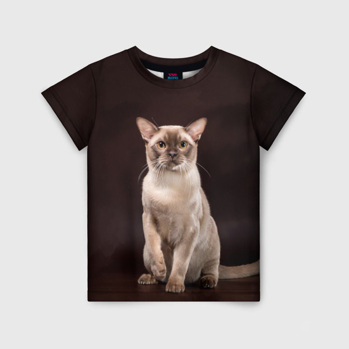 Детская футболка с принтом Лиловая бурманская кошка, вид спереди №1