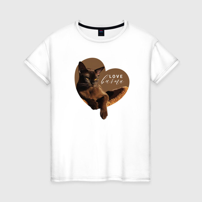Женская футболка из хлопка с принтом Милый котик бурма, вид спереди №1