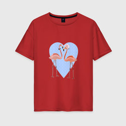 Розовые фламинго на фоне голубого сердца в горошек – Женская футболка хлопок Oversize с принтом купить со скидкой в -16%